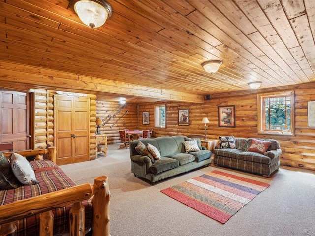 15464 Birch Narrows Rd, Crosslake, MN 56472 - carpeted living area with rustic walls and wooden ceiling