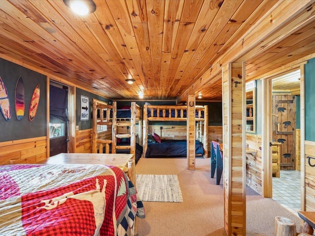 15464 Birch Narrows Rd, Crosslake, MN 56472 - bedroom featuring wooden walls, wood ceiling, wainscoting, and carpet
