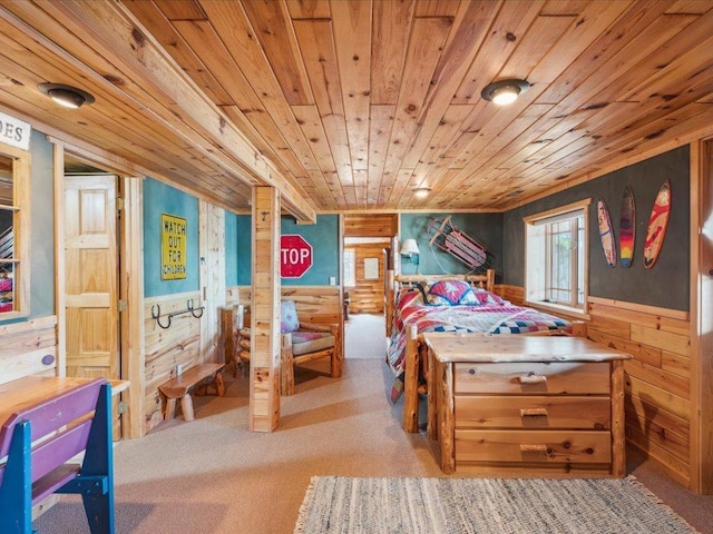 15464 Birch Narrows Rd, Crosslake, MN 56472 - carpeted bedroom with wood ceiling, wainscoting, and wooden walls