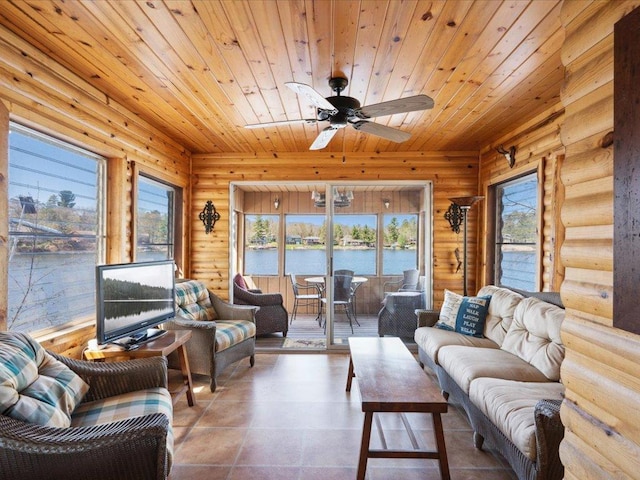 15464 Birch Narrows Rd, Crosslake, MN 56472 - living room featuring rustic walls, wooden ceiling, and ceiling fan