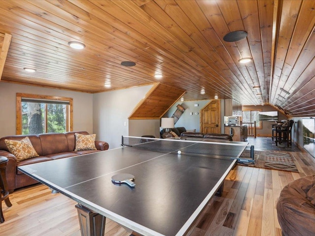15464 Birch Narrows Rd, Crosslake, MN 56472 - rec room featuring wood ceiling, lofted ceiling, and wood-type flooring