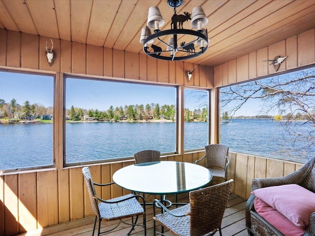 15464 Birch Narrows Rd, Crosslake, MN 56472 - sunroom with wood ceiling, a water view, wooden walls, a chandelier, and wood finished floors