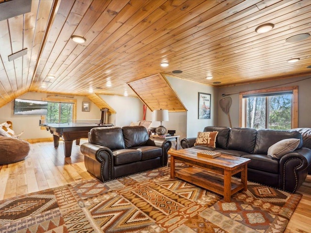 15464 Birch Narrows Rd, Crosslake, MN 56472 - living room with wood ceiling, billiards, hardwood / wood-style floors, vaulted ceiling, and recessed lighting