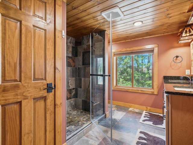15464 Birch Narrows Rd, Crosslake, MN 56472 - full bath with wood ceiling, a shower stall, vanity, and baseboards