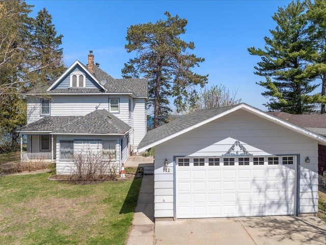 view of front of property with roof with shingles, a front lawn, a garage, and a chimney