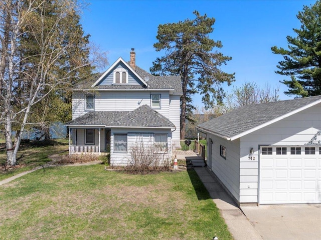 view of front of home featuring a chimney, a front yard, a garage, covered porch, and roof with shingles