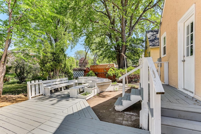 wooden terrace with a fenced backyard