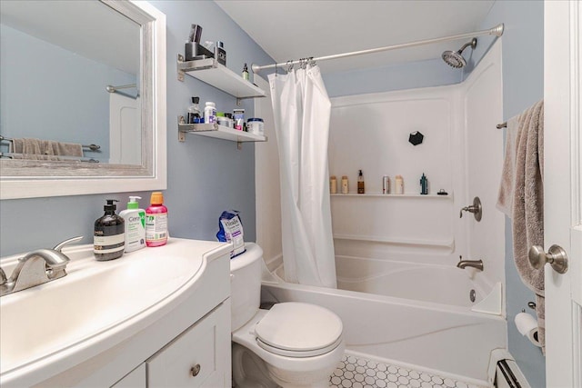 4524 Cedar Lake Rd S Unit 3, Saint Louis Park, MN 55416 - full bathroom featuring shower / bath combo with shower curtain, toilet, vanity, and baseboard heating