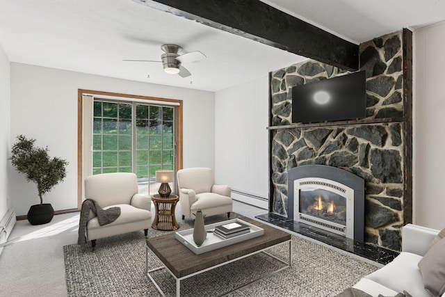 1031 Pheasant Trl, Hudson, WI 54016 - living room featuring a baseboard heating unit, a stone fireplace, and ceiling fan