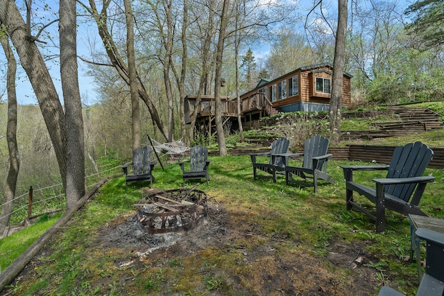 1651 Niles Ln N, Centuria, WI 54824 - view of yard with a wooden deck, a fire pit, and stairs