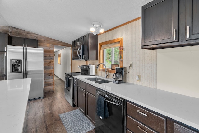 1651 Niles Ln N, Centuria, WI 54824 - kitchen with stainless steel appliances, a sink, vaulted ceiling, light countertops, and dark wood-style flooring