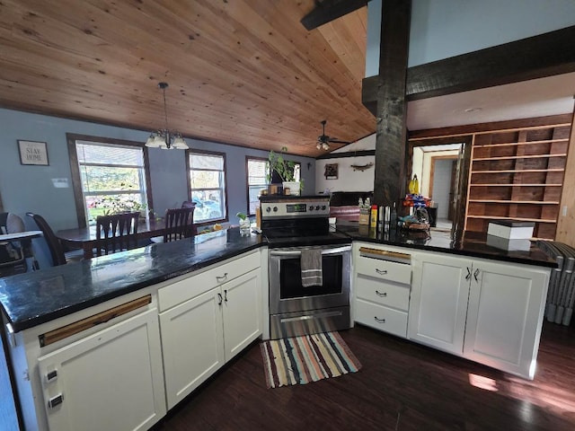 kitchen featuring electric stove, a peninsula, white cabinetry, vaulted ceiling, and dark wood-style flooring