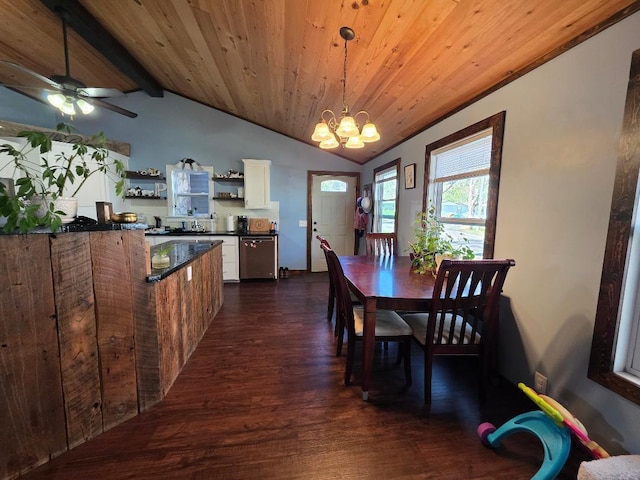 dining room featuring lofted ceiling, dark wood-style floors, a chandelier, wood ceiling, and ceiling fan