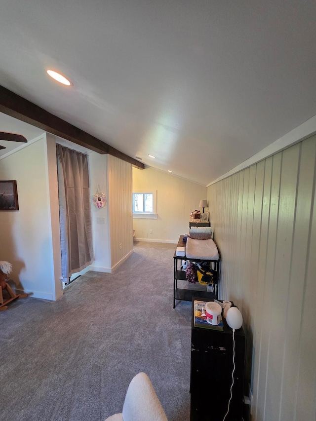 game room featuring vaulted ceiling, carpet flooring, baseboards, and recessed lighting