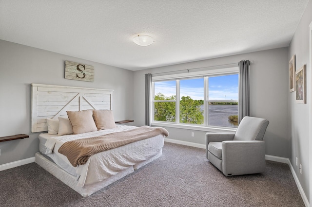 carpeted bedroom featuring baseboards and a textured ceiling