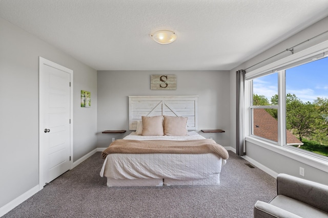 bedroom featuring carpet, baseboards, and a textured ceiling