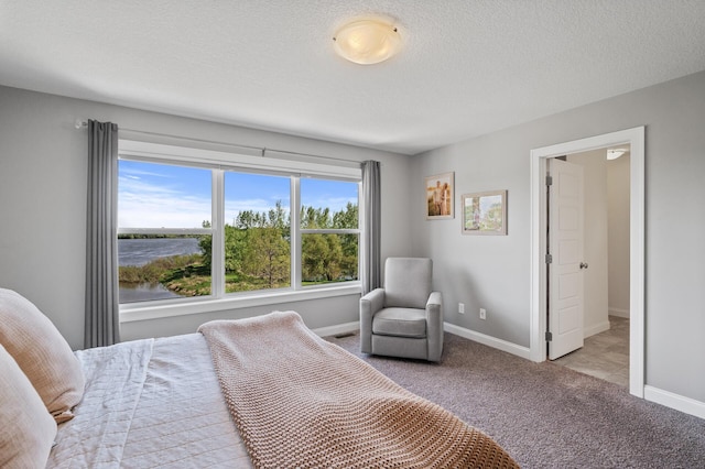 bedroom with carpet, baseboards, and a textured ceiling