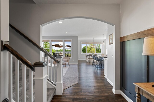 6644 Lamplight Dr, Albertville, MN 55301 - foyer with arched walkways, dark wood-style flooring, stairs, baseboards, and recessed lighting