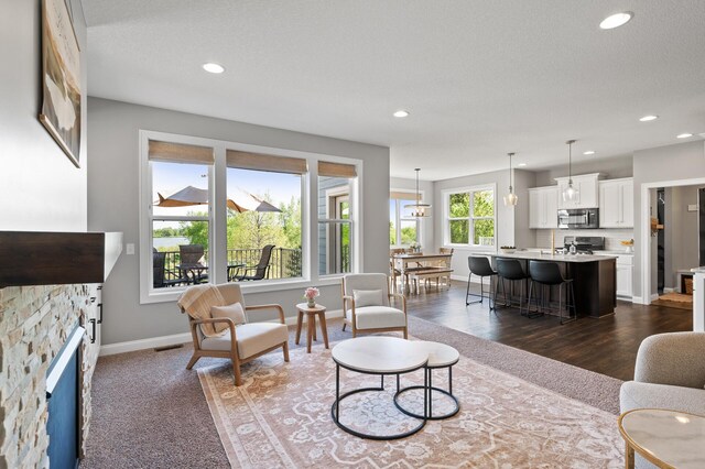 6644 Lamplight Dr, Albertville, MN 55301 - living room featuring a fireplace, recessed lighting, baseboards, and dark wood-style floors