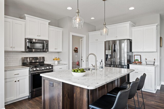 6644 Lamplight Dr, Albertville, MN 55301 - kitchen with appliances with stainless steel finishes, dark wood-type flooring, tasteful backsplash, recessed lighting, and a sink