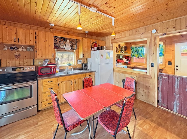 kitchen with electric stove, freestanding refrigerator, wood walls, dark countertops, and a sink