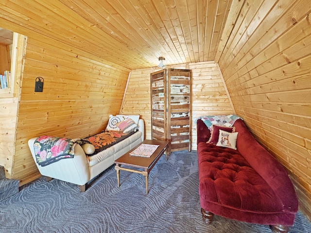 living area featuring wood ceiling, wood walls, and carpet