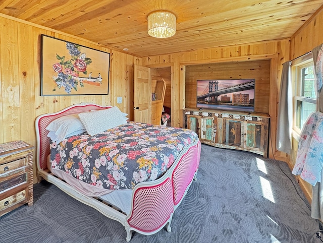 bedroom featuring wooden walls, carpet flooring, and wooden ceiling