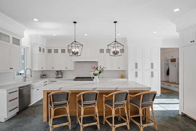4898 County Road 6, Independence, MN 55359 - kitchen with dishwasher, a chandelier, decorative backsplash, white cabinetry, and recessed lighting