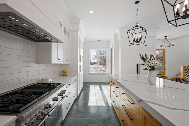 4898 County Road 6, Independence, MN 55359 - kitchen featuring range with two ovens, custom exhaust hood, a chandelier, backsplash, and hanging light fixtures