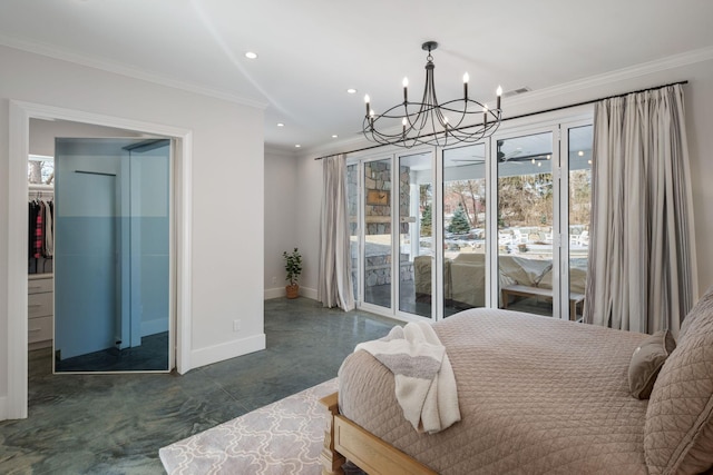 4898 County Road 6, Independence, MN 55359 - bedroom with baseboards, access to outside, a chandelier, multiple windows, and crown molding