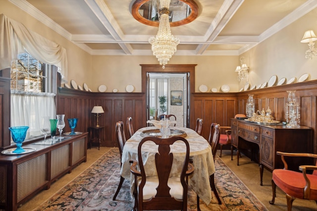 dining room featuring coffered ceiling, a chandelier, beamed ceiling, and a wainscoted wall