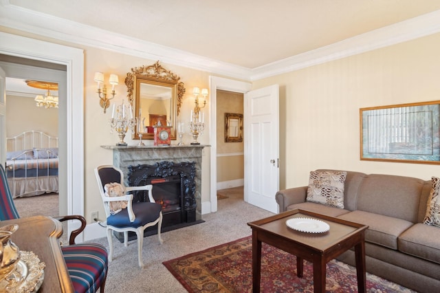 carpeted living room featuring crown molding, a fireplace with flush hearth, and baseboards