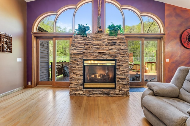 23677 County Road 23, Winona, MN 55987 - living area featuring hardwood / wood-style flooring, healthy amount of natural light, a towering ceiling, a stone fireplace, and baseboards