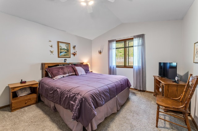 23677 County Road 23, Winona, MN 55987 - bedroom featuring light carpet, lofted ceiling, baseboards, and a ceiling fan