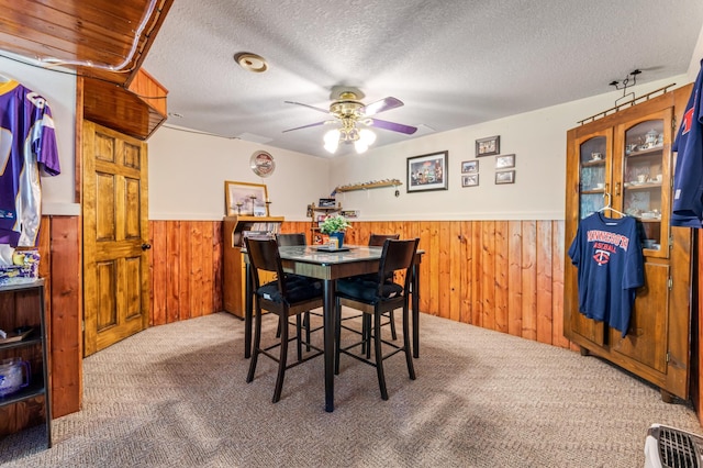 23677 County Road 23, Winona, MN 55987 - dining room with carpet flooring, a wainscoted wall, a ceiling fan, wood walls, and a textured ceiling