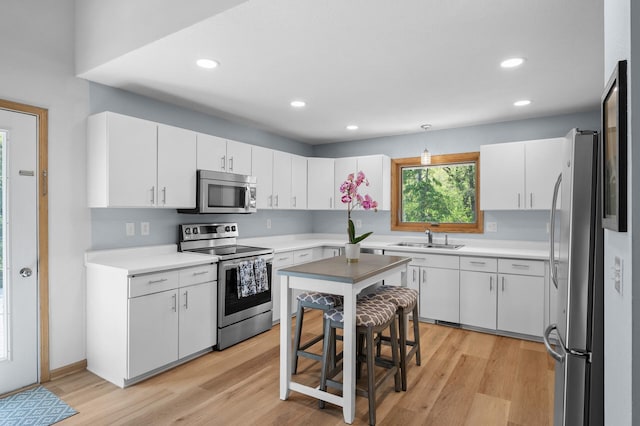 2209 Indian Rd W, Minnetonka, MN 55305 - kitchen with appliances with stainless steel finishes, a sink, light wood finished floors, white cabinets, and recessed lighting