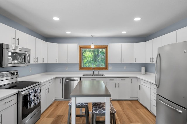 2209 Indian Rd W, Minnetonka, MN 55305 - kitchen with appliances with stainless steel finishes, a sink, light wood-style floors, recessed lighting, and white cabinets