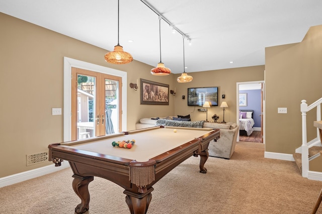 2209 Indian Rd W, Minnetonka, MN 55305 - game room with light colored carpet, billiards, french doors, and rail lighting