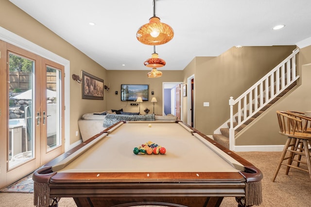 2209 Indian Rd W, Minnetonka, MN 55305 - rec room with carpet, french doors, billiards table, baseboards, and recessed lighting