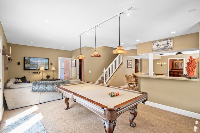 2209 Indian Rd W, Minnetonka, MN 55305 - game room with rail lighting, carpet flooring, billiards, and bar area