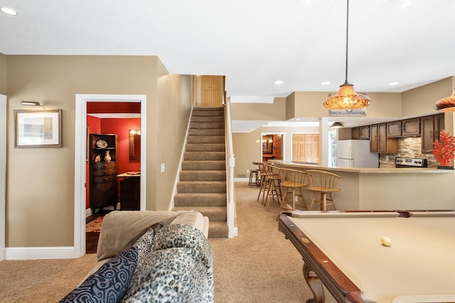2209 Indian Rd W, Minnetonka, MN 55305 - rec room with light carpet, recessed lighting, baseboards, and pool table