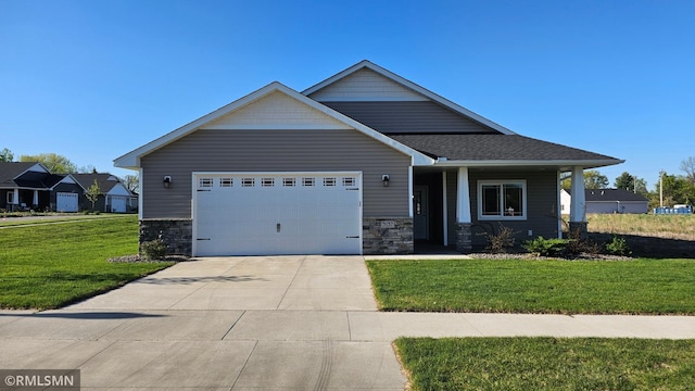 3137 Zuni Way NW, Anoka, MN 55303 - craftsman inspired home with an attached garage, a front lawn, stone siding, and driveway