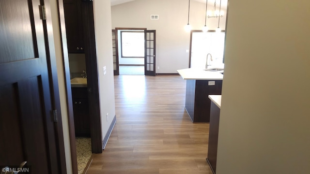 3137 Zuni Way NW, Anoka, MN 55303 - hall featuring light wood finished floors, a sink, baseboards, and lofted ceiling