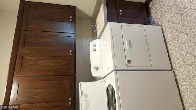 3137 Zuni Way NW, Anoka, MN 55303 - washroom with stacked washer / drying machine and wallpapered walls