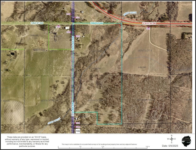 aerial view of property's location featuring property parcel outlined