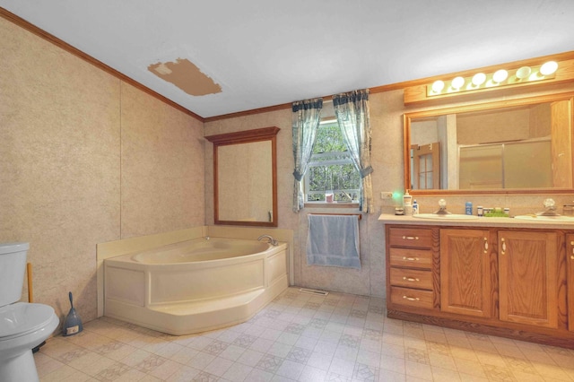 7210 79th Ave SW, Staples, MN 56479 - bathroom with ornamental molding, toilet, a garden tub, double vanity, and tile patterned floors