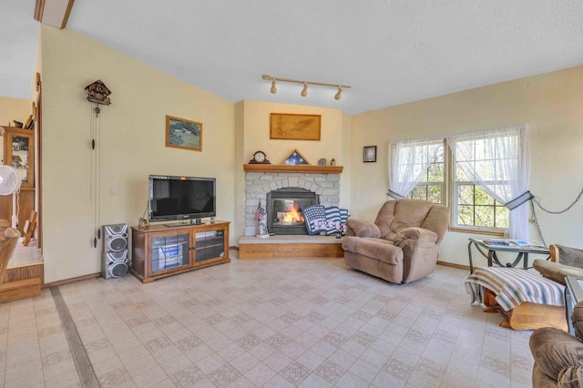 7210 79th Ave SW, Staples, MN 56479 - living room featuring a fireplace, baseboards, and a textured ceiling