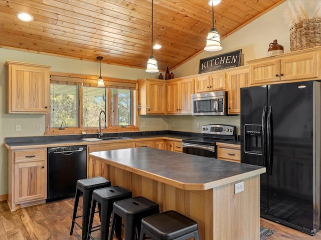 kitchen with black appliances, a sink, wooden ceiling, lofted ceiling, and light brown cabinets