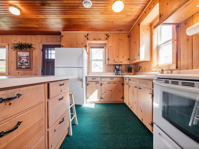 kitchen with white appliances, wooden ceiling, healthy amount of natural light, light countertops, and wood walls