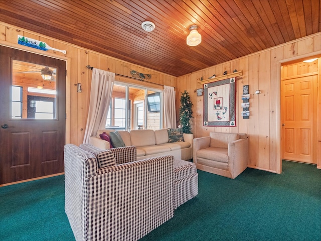 carpeted living room with plenty of natural light, wood walls, and wooden ceiling